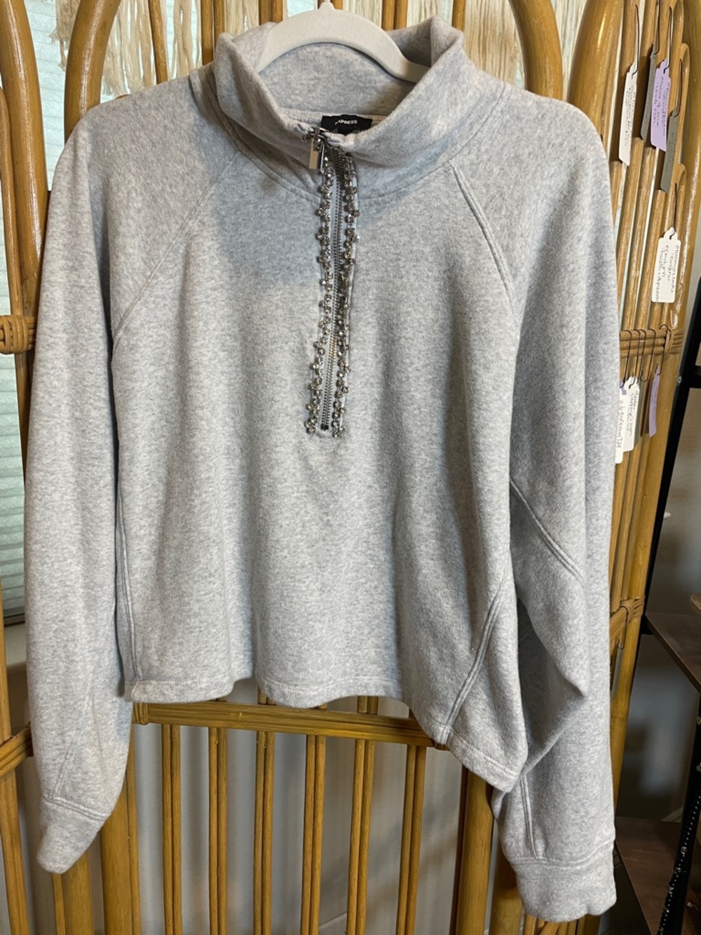 Express Light Gray rinestone Embellished Half-Zip Sweatshirt